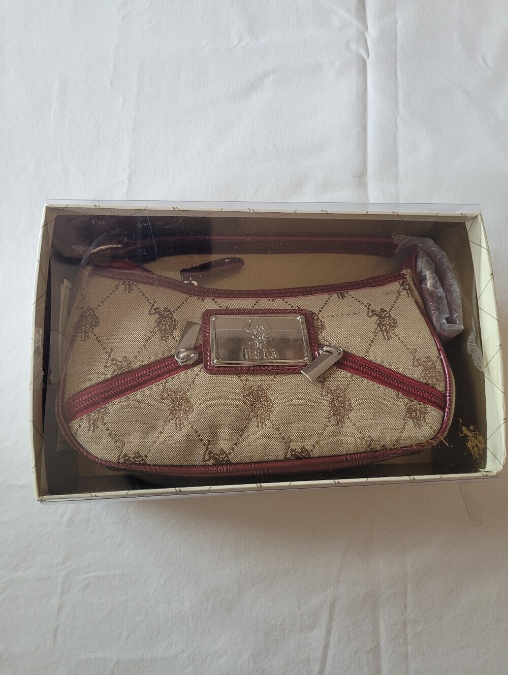 NWT U.S. Polo Assn. Beige and Burgundy Logo Wristlet Clutch
